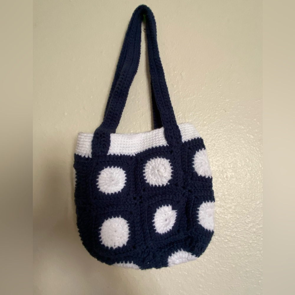 Navy and White Crochet Tote Bag